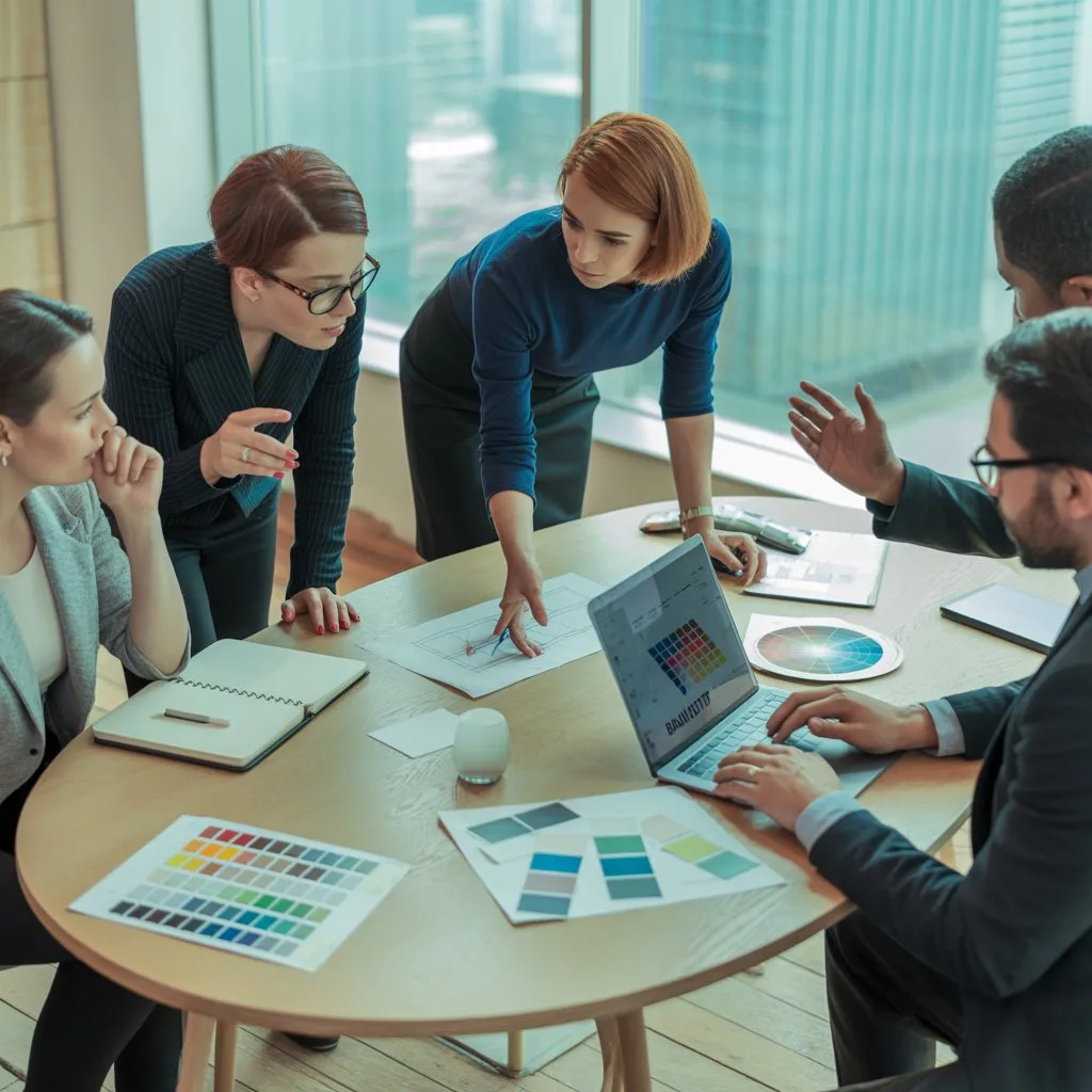 Team of designers collaborating with color palettes and charts, showcasing how tailored graphic design helps brands connect with their audience through impactful visuals.