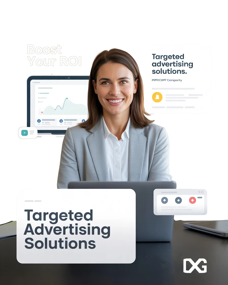 showcasing targeted advertising solutions on digital screens, emphasizing PPC’s fast results, precise audience reach, and clear performance tracking.